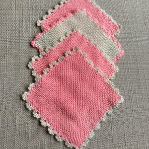 Vintage set of washcloths, handmade , crocheted edges, stocking stuffers